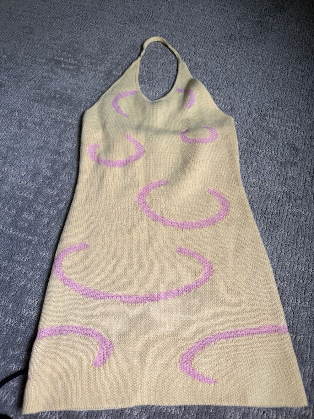 SHEIN Yellow Halter Mini Dress with Pink Crescent Pattern